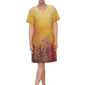 Women's V Neck Cotton Dress, Summer dresses, Short Sleeves midi dress, loose casual robes,customized Clothing, boho Dress, Loose Shirt Dresses