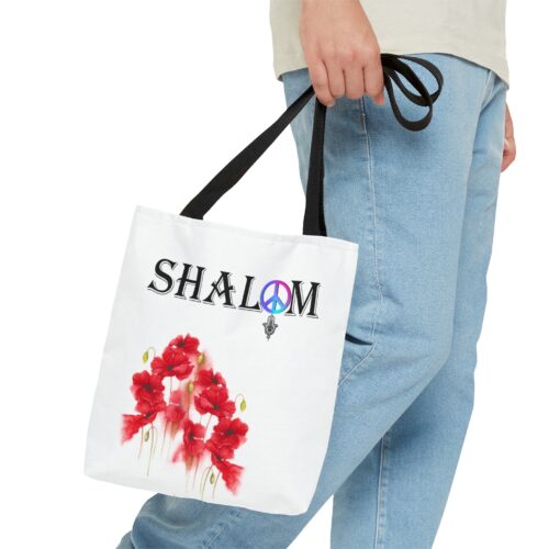 SHALOM Peace Tote Art Bag ,Hamsa Bag, Minimalistic Shopping Bag,Aesthetic Totebag, Flowers Bag, red Poppies - Image 3